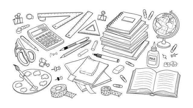 Back to School Supplies: A detailed outline of essential school and office supplies, meticulously arranged, symbolizing the core tools for learning, work, and creative expression.