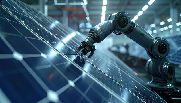 Automated Robotic Arm Assembling Solar Panels in a Modern Factory Setting.