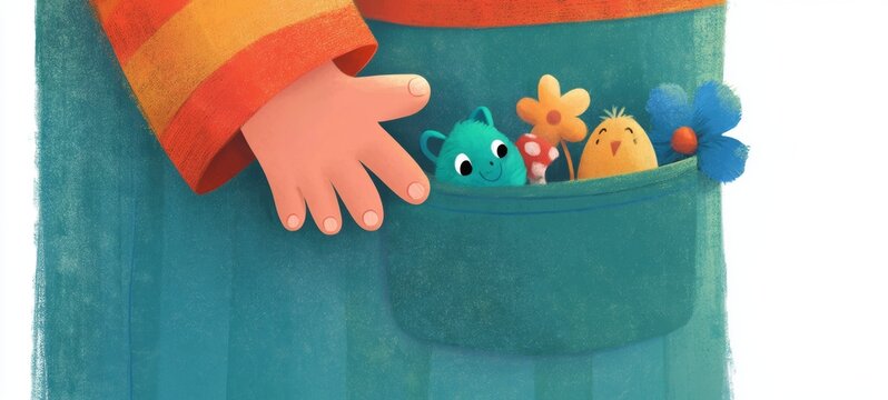 Whimsical Children's Book Illustration: Animated Character Stowing Toys in a Pocket