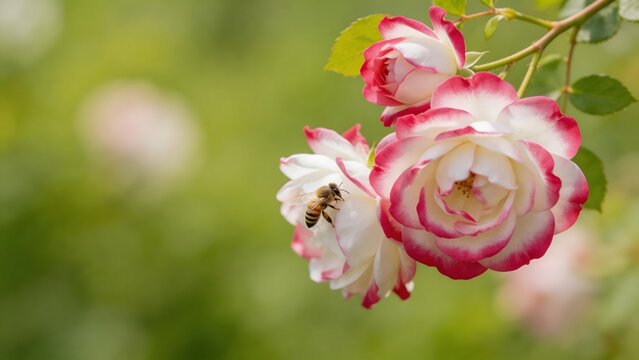 Rose flower with bee on petal