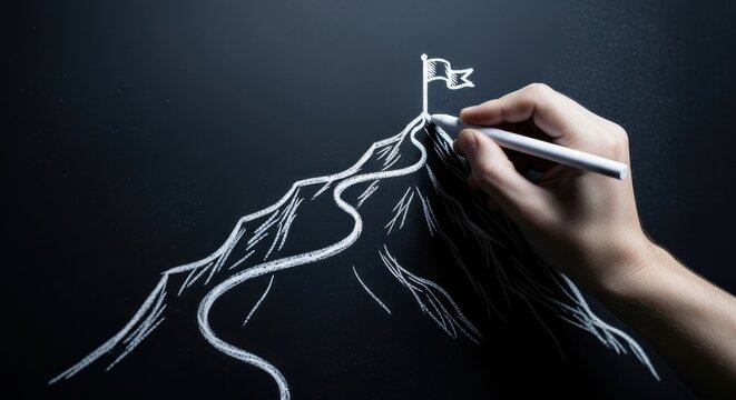 Drawing a mountain peak a hand creates a chalk outline of a mountain with a flag on top