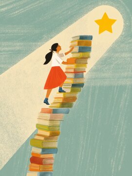 Girl Climbing Tower of Books, Reaching for Star, Illustration, Literacy, Education, Diversity, Reading, Success, Dreams
