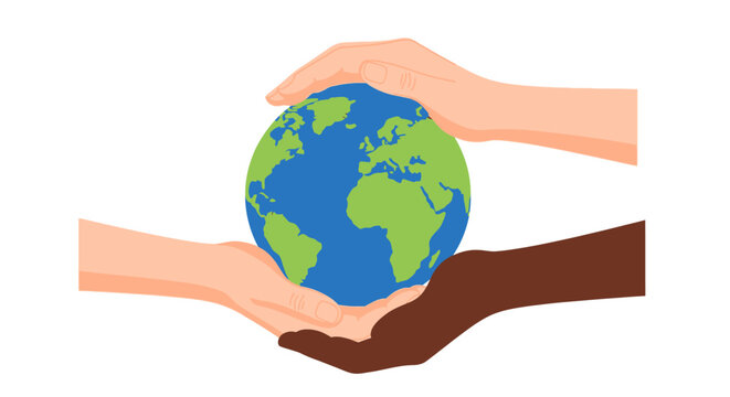 A hand holding a blue globe sphere represents a global business concept for environmental protection and eco care to save the green planet and nature for international peace