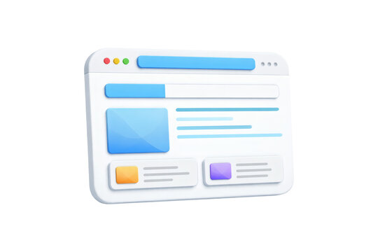 3D Web Browser Window Interface with UI Elements Isolated on White Background