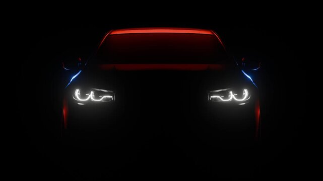 3D Rendered Super car Cinematic front view in dark background, sport car headlights blinking in dark with a red and blue light