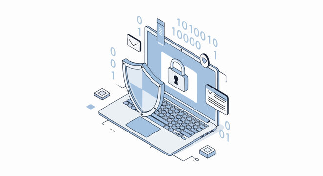 Isometric Laptop Illustration with Shield and Padlock for Cybersecurity, Data Protection, and Digital Privacy Concept