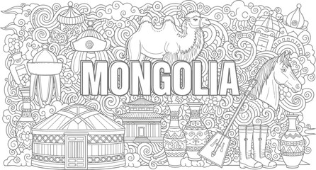 Obraz premium Hand Drawn Mongolia Travel Landmarks and Cultural Symbols Vector Coloring Page Design