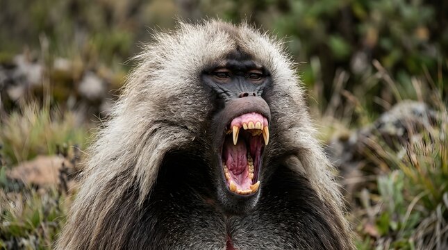 Close-up of a roaring gelada baboon in natural habitat