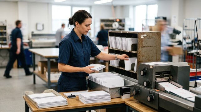 Medium shot showing employee sorting pension envelopes next to a postage machine the main task crisp with blurred background activity.