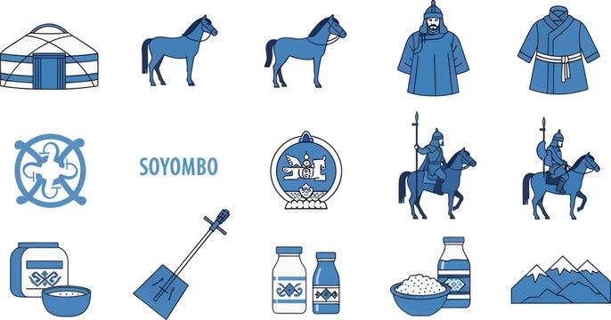 Mongolian Culture and Heritage Vector Icon Set with Traditional Symbols and Nomadic Life Elements