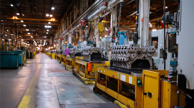 Wide shot of automated conveyor line carrying engine blocks, empty predawn factory floor, stark fluorescent overhead illumination, dramatic industrial scale