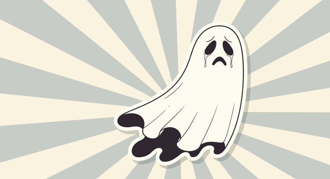 Sad crying ghost illustration with tears on a retro sunburst background suitable for expressive Halloween cards and posters.