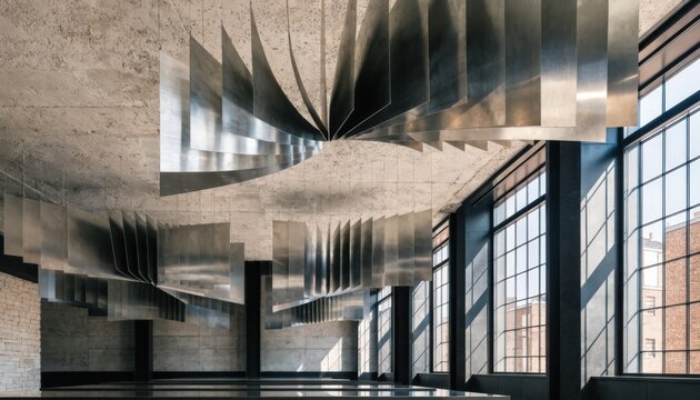 Medium shot of ceilingsuspended lightweight metal acoustic baffles gently diffusing sound in spacious conference rooms emphasizing sleek design and functional aesthetics.