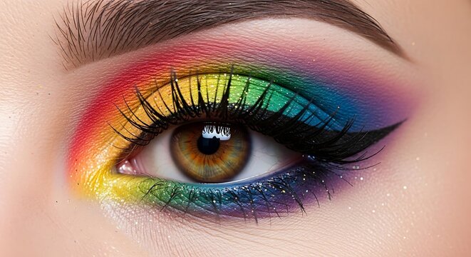 A vibrant rainbow eye makeup with glitter sparkles