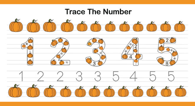 Trace the numbers one to five pumpkin themed worksheet helps young students learn basic counting and number formation for autumn.