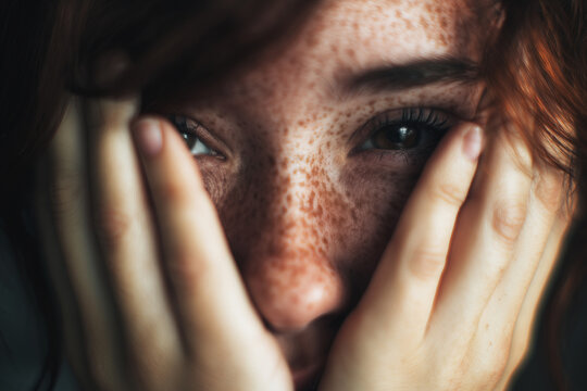 Primer plano de un rostro estresado con las manos cubriendo las mejillas. Primer plano de una persona con un su&eacute;ter gris presionando sus manos contra el rostro en un momento de estr&eacute;s o fatiga.
