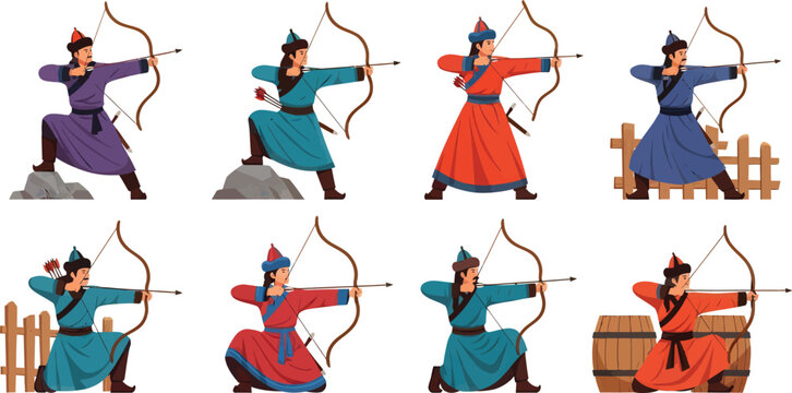 Set of Traditional Mongolian Archers in Colorful Attire Aiming Bows Vector Illustration