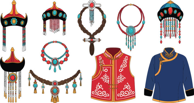 Set of Traditional Mongolian and Tibetan Ethnic Clothing and Jewelry Vector Illustrations