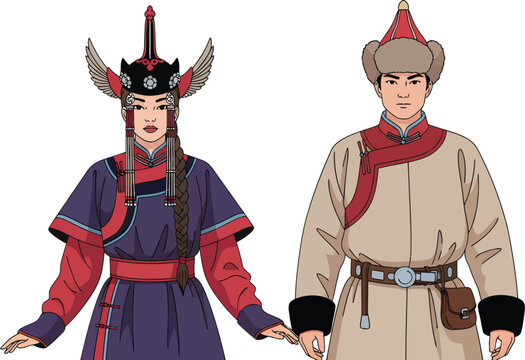 Traditional Mongolian Couple in Ethnic Deel Clothing Vector Illustration Isolated on White
