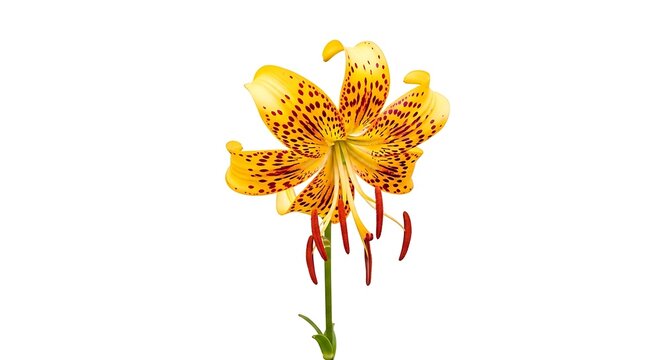 A vibrant spotted yellow lily flower with drooping petals and red stamens