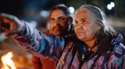 Fototapeta premium Indigenous older woman teaching grandchild traditional star navigation under open night sky, warm firelight nearby, candid emotional moment