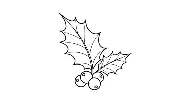 Minimalist line art drawing of a branch of holly with two leaves and several berries, intended as a festive holiday icon or coloring page.