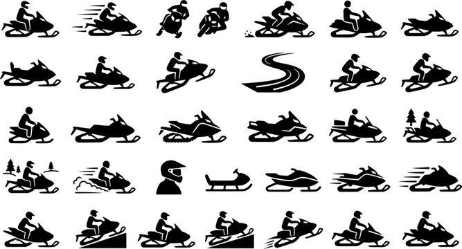 Silhouette icons of people riding snowmobiles in various styles and poses
