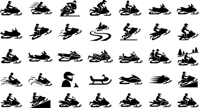 Silhouette icons of people riding snowmobiles in various styles and poses
