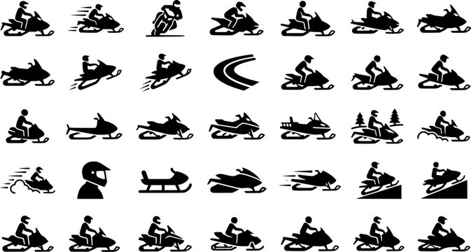 Silhouette icons of people riding snowmobiles in various styles and poses
