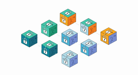 Naklejka premium Isometric Blockchain Technology Illustration with Secure Linked Data Blocks and Padlocks