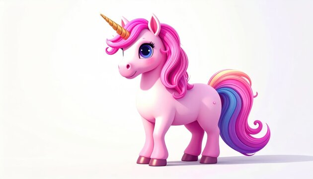 Adorable Pink Unicorn with Rainbow Mane and Tail on White Background.