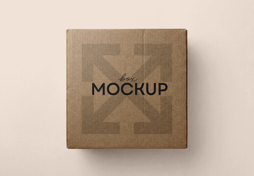 Square Kraft Cardboard Box Packaging Mockup with Top View, Editable Background and Realistic Paper Texture