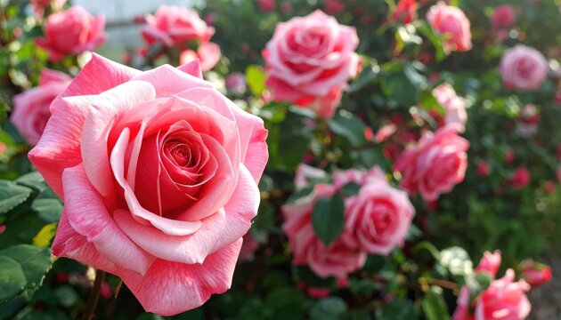 Beautiful Pink Roses Blooming in a Garden on a Sunny Day.