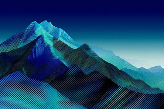Abstract geometric mountain landscape, blue and green stylized hills digital art