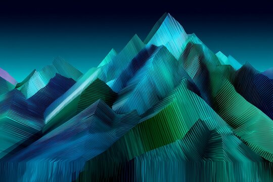 Abstract geometric mountain landscape, blue and green stylized hills digital art