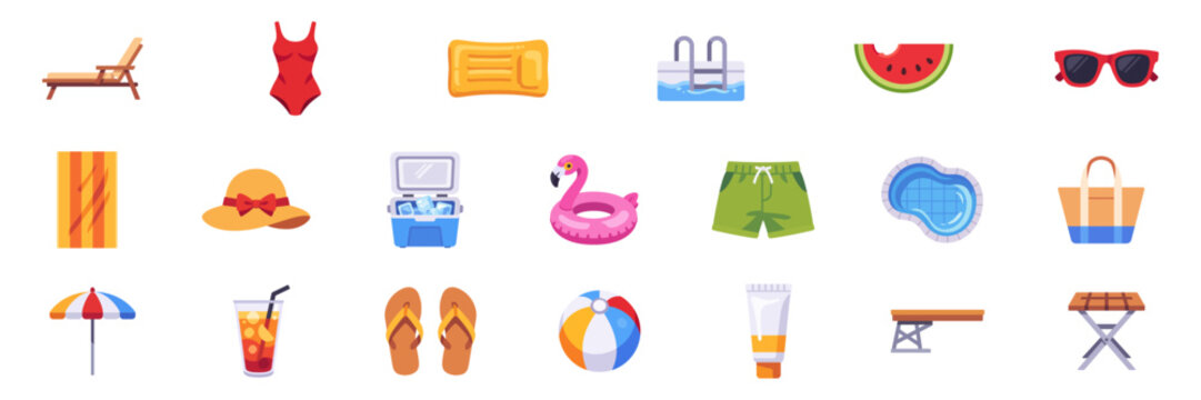 Set of beach pool summer vacation icons, seaside leisure accessories and recreation symbols, colorful collection with illustrations
