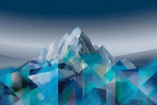 Abstract geometric mountain landscape, blue and green stylized hills digital art