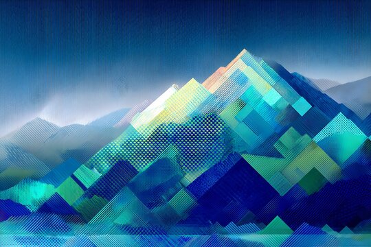 Abstract geometric mountain landscape, blue and green stylized hills digital art