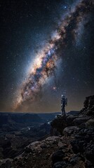 Fototapeta premium Astronaut gazes from a rugged cliff, contemplating the immense scale of cosmic existence, a brilliant galactic milky way illuminating the dark firmament above a grand terrestrial canyon.