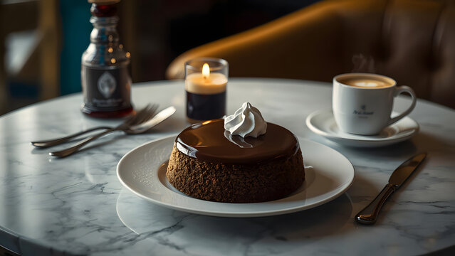 Gourmet Chocolate Cake with Whipped Cream and Hot Coffee on Marble Table