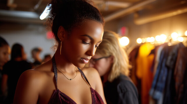 Behind-the-scenes moment of a model of color having final clothing adjustments made before a runway show, warm backstage light