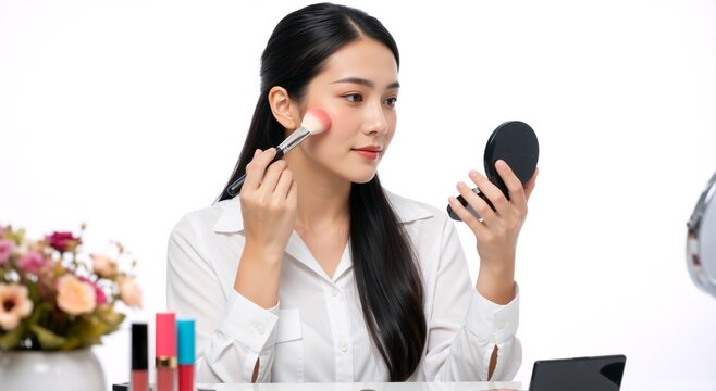 Young Asian woman applying makeup with a brush and looking in a mirror. Female model doing morning beauty routine with cosmetics on white background