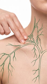 Woman touching neck to detect swollen lymph node. Medical illustration of lymphatic system anatomy. Health examination of cervical lymph nodes. Awareness for cancer diagnosis and illness.