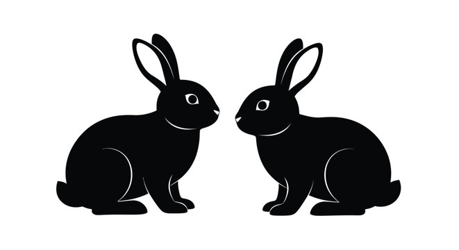 Two black rabbits facing each other on transparent background silhouette