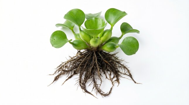 Water hyacinth plant with green leaves and fibrous roots on white background for botanical study
