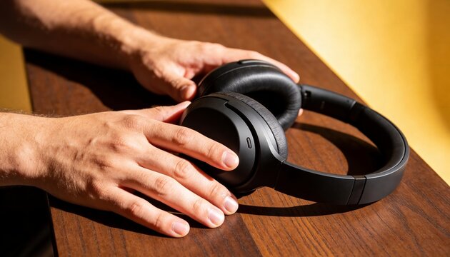 Man holding black wireless headphones on wooden table