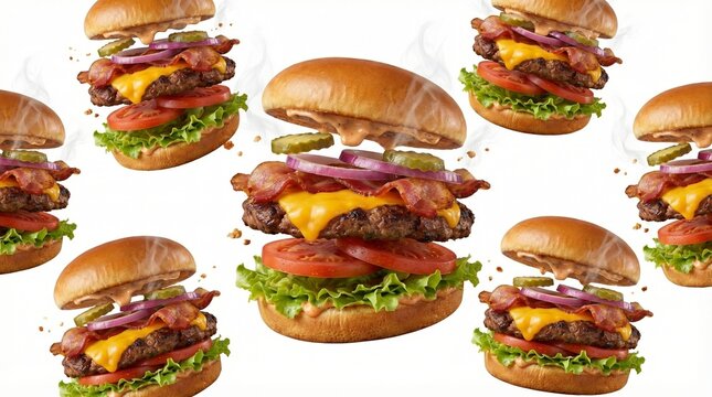 Delicious Bacon Cheeseburger with Floating Ingredients on White Background.
