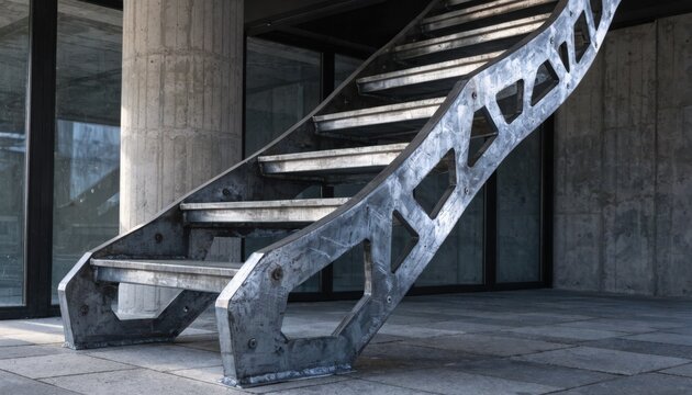 Medium shot of monostringer stair stringer showcasing sleek industrial design with exposed metalwork and a raw steel finish in a contemporary architectural setting.