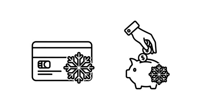Credit card expense freeze and piggy bank spending freeze icons with spending investment restriction collection accumulation security protection background
