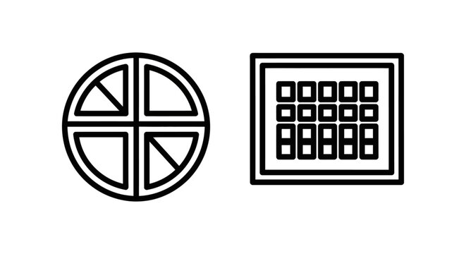 Abstract geometric icons featuring a divided circle quadrant chart and a rectangular grid pattern for data visualization and interface design elements geometric abstract quadrant visualization